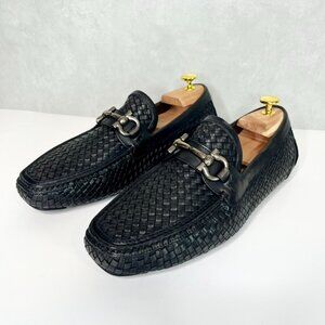 Salvatore Ferragamo Men's 7.5 Driver Gancini Ornament Woven Leather Shoes Black
